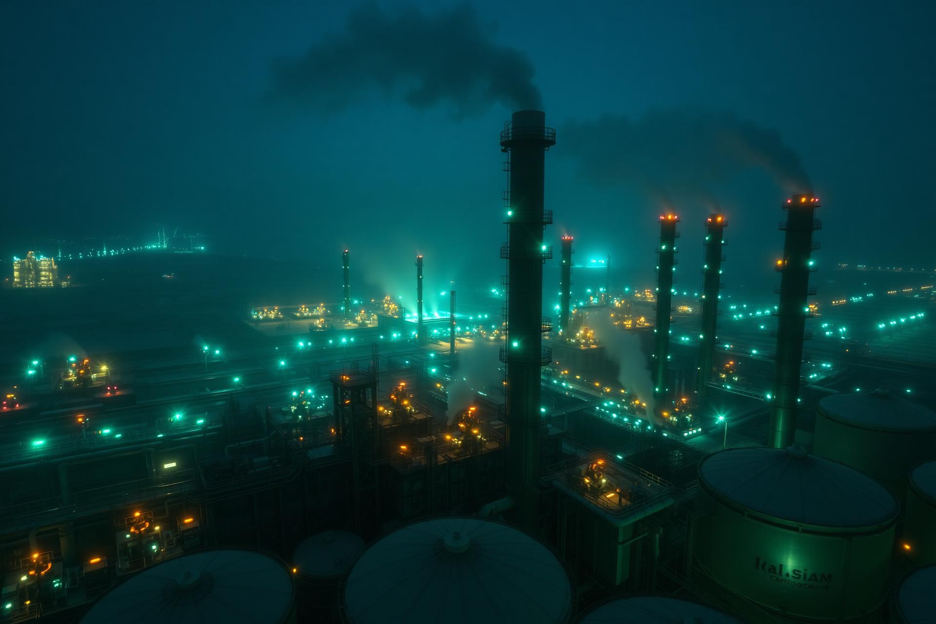 Industrial petrochemical facility monitored at dusk